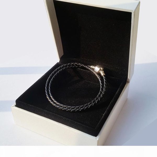 

j fashion womens 925 sterling silver real black double layer leather bracelet fit pandora charms beads jewelry men mens bangle bracelet, Golden;silver