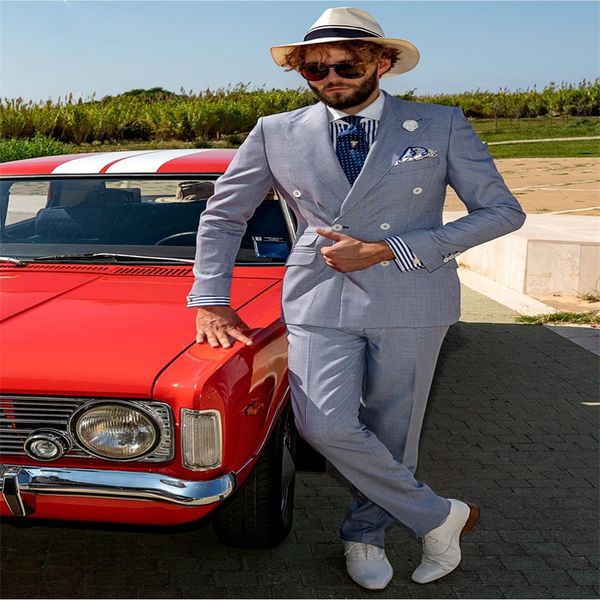 

pinstripe light gray mens 2 piece suit tailored fit wedding business polyester+cotton notched lapel double-breasted mens suits, White;black