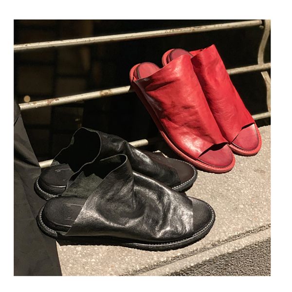 

2020 fashion women mop slippers outdoor round toe genuine leather ladies casual slippers scuffs des chaussures, Black