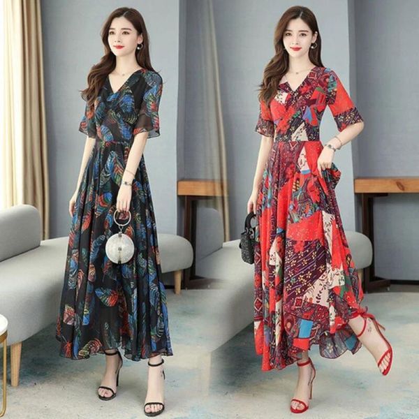 

2020 new summer woman dress short sleeve v-neck large size dresses for women printing trend casual elegant, White;black