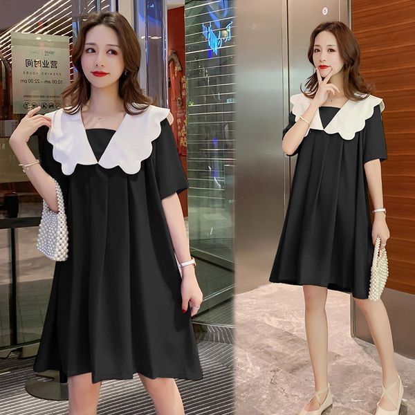 

9602# maternity clothes summer short sleeve peter pan collar loose stylish dress for pregnant women mom dress, White