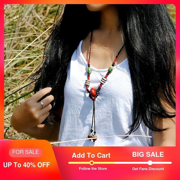 

long ceramic necklace ethnic vintage jewelry for women chain porcelain pendant bronze red stone flower drop pineapple knot rope, Silver