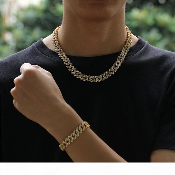 

12mm cuban link chain gold silver alloy necklace bracelet iced out crystal rhinestone bling choker necklaces hip hop jewelry for men gm