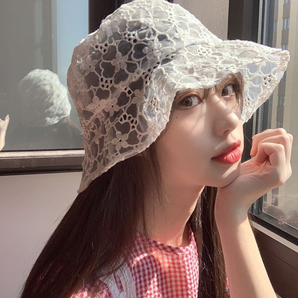 

women summer fashion lace hat bucket hollow out mesh breathable beach casual ladies sweet sun cap, Blue;gray