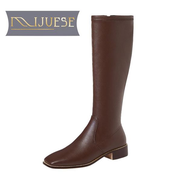 

mljuese 2021 women knee-high boots microfiber winter short plush square toe zipper med heels female boots size 39, Black