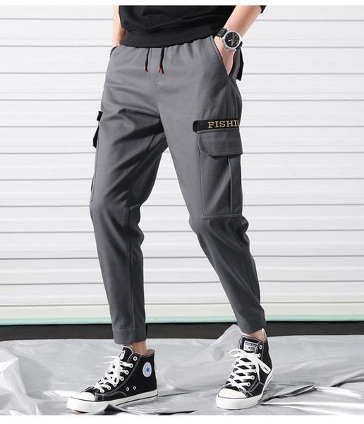 

men's pants zhuzunzhe 2021 overalls fashion letter printed cotton slim casual solid color multi-pocket, Black