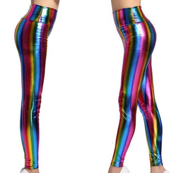 

women high street rainbow striped leggings push up high waist neon fake leather skinny leggings lady dancing rock disco spandex pant, Black