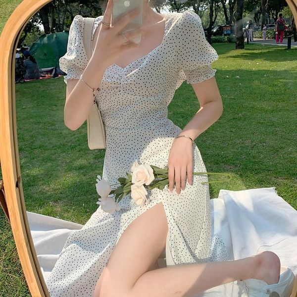 

hepburn style white dress french first love sweet gentle wind square mouth floral white bubble sleeve dress children's summer, Black;gray