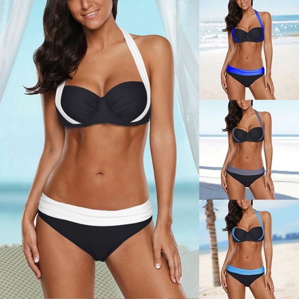 

mujer 2020 bikini set halter swimsuit lower solid waist bathing suits swimwear push up tankini set plus size swimwear 4xl for women, White;black