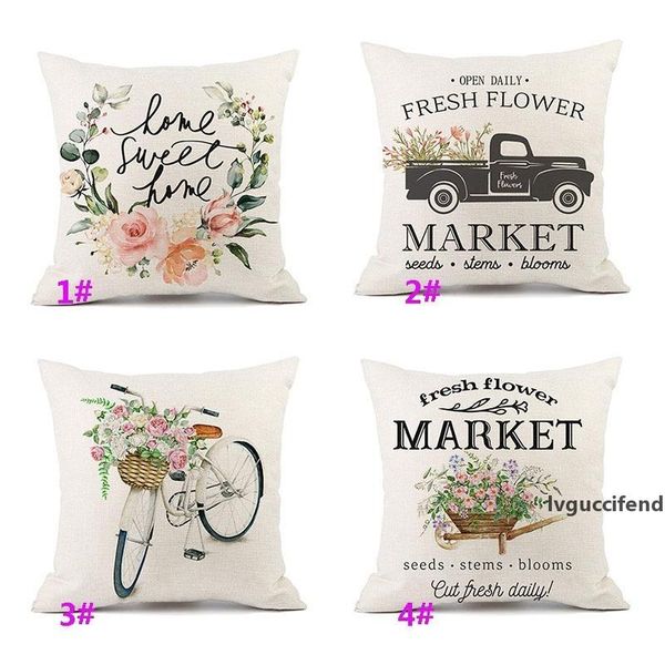

flower bicycle truck pillow case printed wreath linen cushion case for sofa home decoration 4 styles hh9-2985