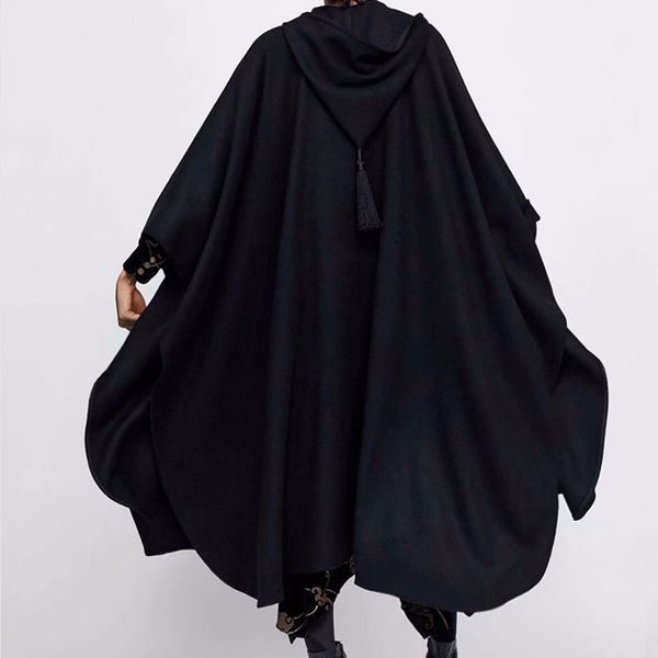 

winter cloak hooded trench coat thick woolen women gothic cape poncho coat open cardigans female tassel long trench overcoat, Tan;black
