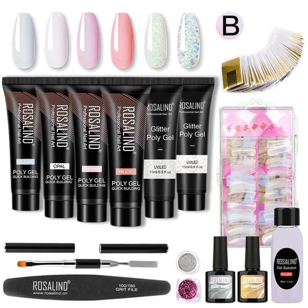 

6pcs 15ml poly extension gel quick building set base coat nail molds manicure toolset nail brush art tool, Red;pink