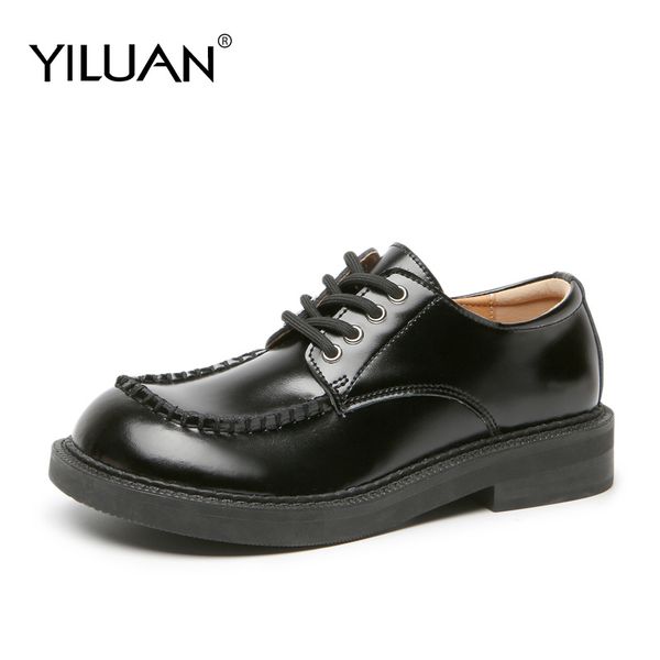 

yiluan small leather shoes women round small leather shoes flats female retro college style flats women oxfords lace-up, Black