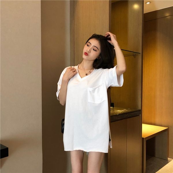 

summer 2020 new languid style v-neck medium long plain color t-shirt short sleeve loose slit shirt for women wholesale, White