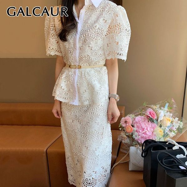 

galcaur hollow out women's suits lapel collar puff sleeve sashes tunic shirt high waist midi skirt two piece set female 2020 new, White