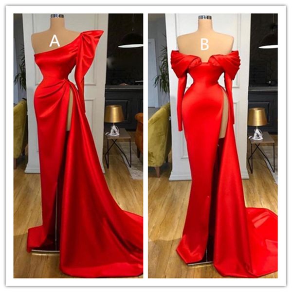 

red mermaid prom dresses long long sleeves high side split arabic evening gowns off the shoulder party dress robe de soiree, Black;red