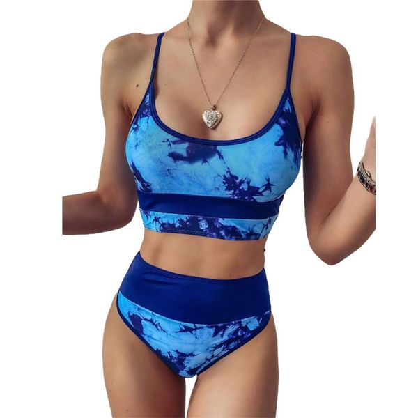 

women's split swimsuit two piece tie-dye print stitching bikini bathing suit with chest pad push up beach pool swimsuits, White;black