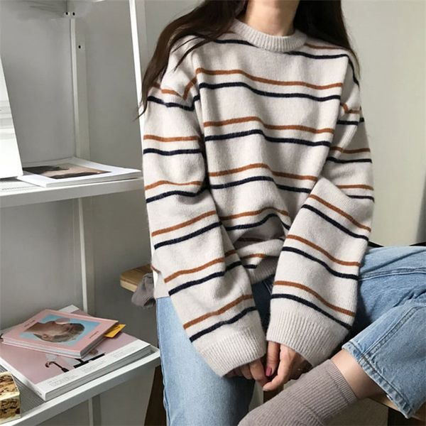 

pullovers women soft autumn o-neck sweaters chic daily womens pullover sweet student striped harajuku knitted loose outwear, White;black