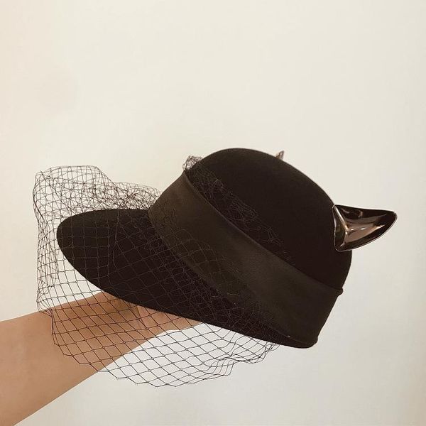 

01909-xintao-ear wool winter warm devil's horn lace lady visors cap women leisure equestrian hat, Blue;gray