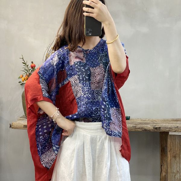 

printed stitching ramie light breathable sunscreen irregular pullover shirt pullover hem short sleeve shirt for women, White