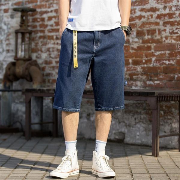 

fojaganto men fashion denim shorts summer men's casual straight knee length jeans trend brand slim wild denim shorts male, Blue