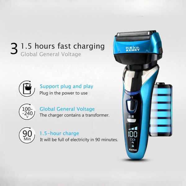 

kemei 8150 3d electric shaver floating 4 blade wireless rechargeable beard trimer washable lcd display for men beard razor machine zezay