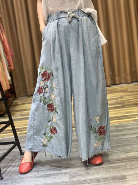 

k8b7d 2020 korean style heavy industry old white-washed and embroidered jeans tassel embroidered elastic waist lace-up loose wide leg jeans, Blue