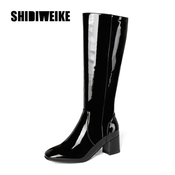 

pattent leather knee high boots for women 6cm block heels red white black lady winter leather shoes botte femme 45 v96