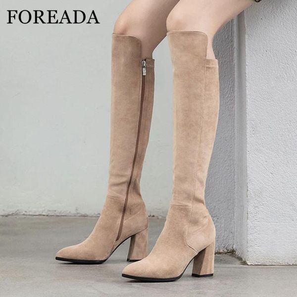 

foreada high heel woman boots block heel knee high boots pointed toe shoes zipper long female autumn winter black khaki 39