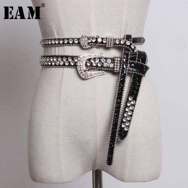 

eam] 2020 new spring summer pu leather black rhinestone stitch personality long belt women fashion tide all-match jt450, Black;brown