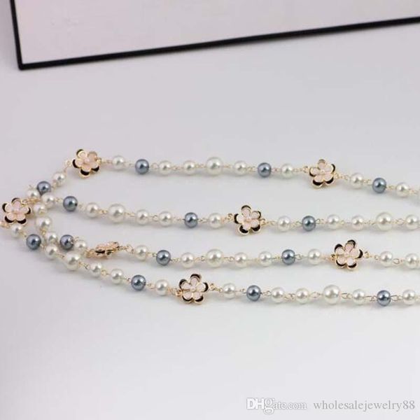 

wholesale multilayer smooth pearl sweater chain enamel flower necklace for women fashion charm jewelry costume accessories, Gray