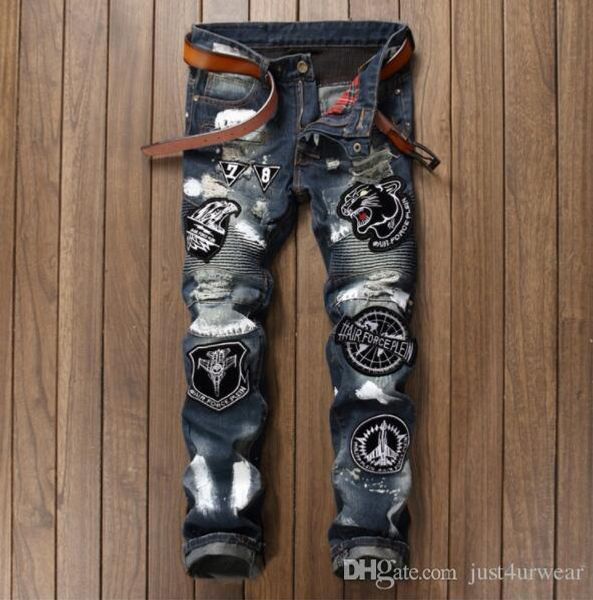 

bleached ripped embroidery tiger patchwork mens jeans slim biker jeans long denim pencil pants hommes fitting streetwear distressed jeans, Blue