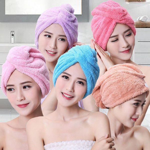 

coral velvet dry hair bath towel microfiber quick drying turban super absorbent women hair cap wrap with button thicken