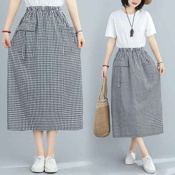 

повседневный юбка a- линия 2020 повседневной юбка линия плед лето новой средней длиной карманной упругая талии высокой талия slimming plaid, Black