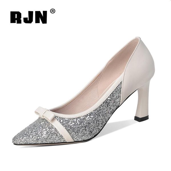 

rjn new stylish shining pumps butterfly-knot decoration pointed toe mid-heel slip-on shoes women genuine leather pumpsro650, Black