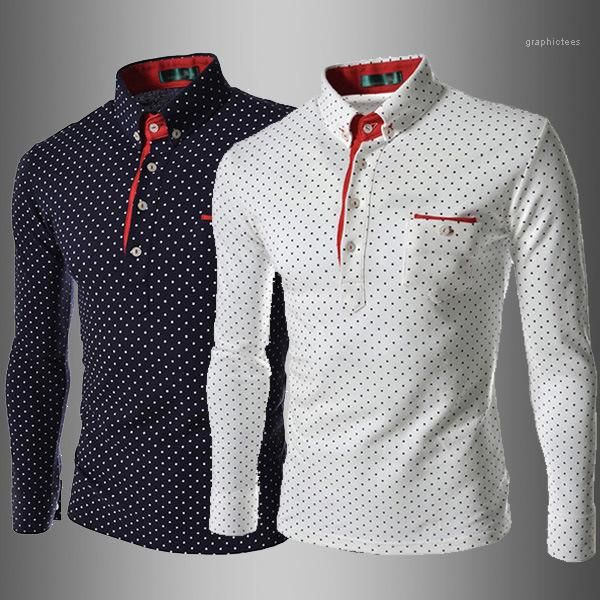 

henley spring casual slim clothes fit mens long dot polka neck neck autumn designer print button lapel sleeve polo shirt male polos rsdjm, Black