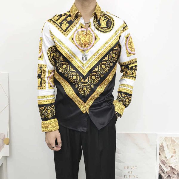 

20ss brand design slim version men's clothing baroque galaxy golden dragon flower printed long-sleeved 3d designer shirt men's med, White;black