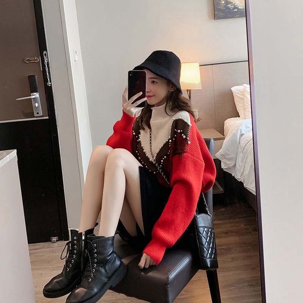 

красная половина свитера свободный внешнего пальто пуловеров износ 2019 новый ленивый стиль женщин пуловеров мори очень сказочный вязать, White;black