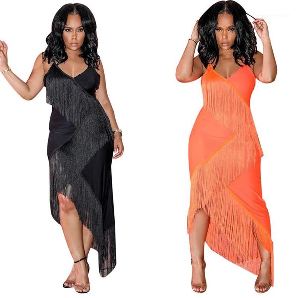 

strap v neck asymmetrical dresses new women party club dress women tassel designer dress solid spaghetti, Black;gray