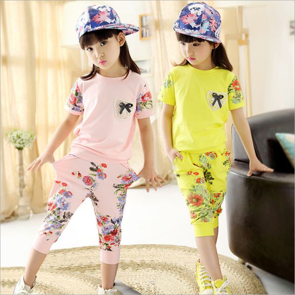 

2020 girls summer clothing set casual o-neck short sleeve printed pullover suits two pieces set children's clothes 110-160, White