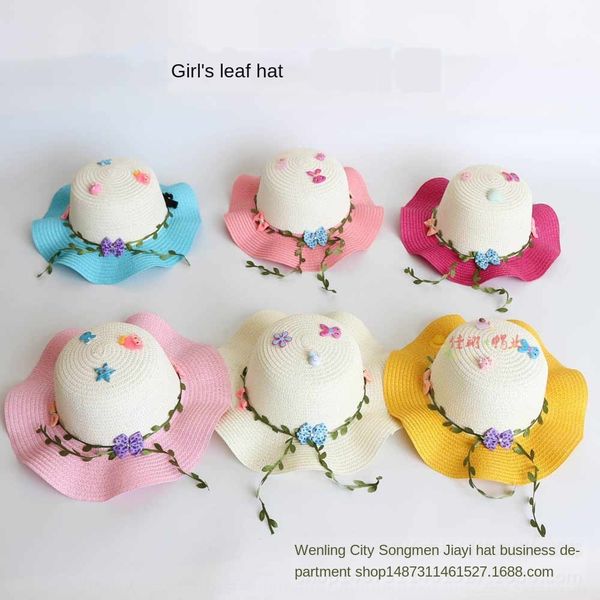 

girls 2020 new fresh breathable flower big brim leaf straw accessories straw hat accessories sunscreen children's hat, Blue;gray