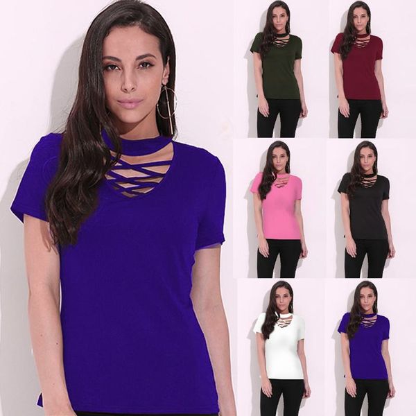 

celmia summer women blusas 2020 chocker low cut hollow out blouses short sleeve shirts solid slim solid tees oversize s-4xl, White