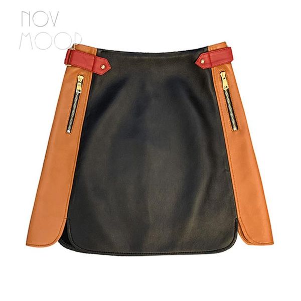 

novmoop нового модного контракта цвета натуральной кожи овчины юбки женщины металл пряжка декор falda де cuero lt3224, Black