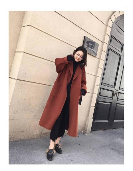 

wool solid color thick split long loose cardigan long sleeve lapel neck womens designer blends 3colors winter womens, Black