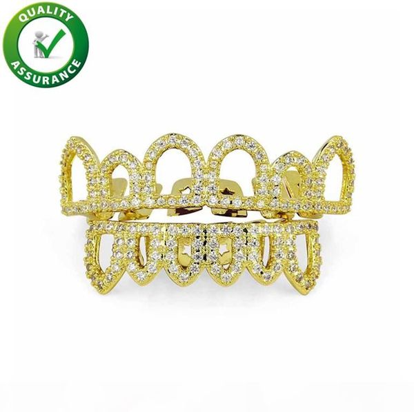 

hip hop jewelry teeth grills caps micro pave cz stone hollow & bottom set iced out diamond zircon fang mouth grillz men women, Black