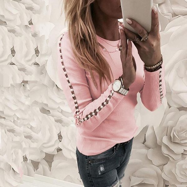 

elegant pearl nail bead long sleeve pink knit sweaters women invierno 2020 o neck hollow out pullovers black grey ladies, White