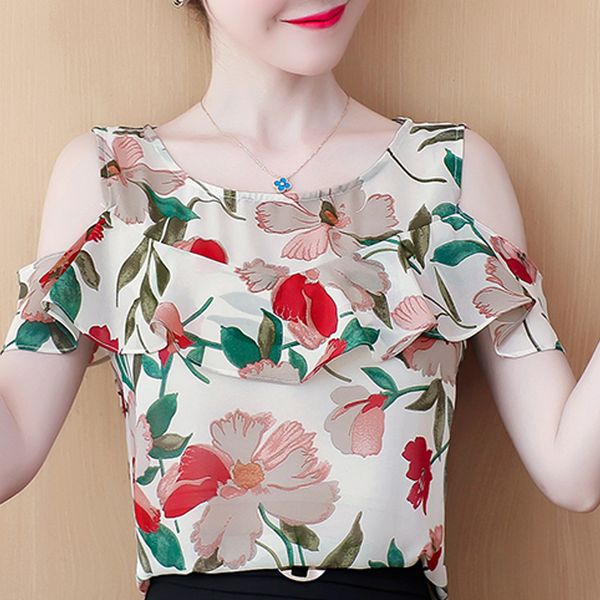 

blouse women 2020 women blouses off shoulder o-neck print chiffon blouse shirt short sleeve shirts blusas d365, White