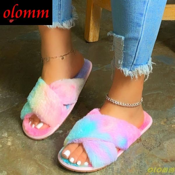 

winter women home slippers indoor warm plush shoes fashion fluffy furry slides female slip on flats rainbow flock soft slippers, Black
