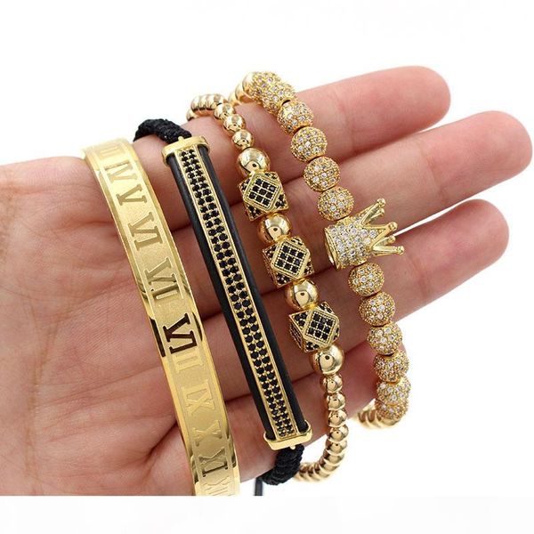 

4pcs set roman number stainless steel bracelet women men couple bangle gold crown bracelet fashion jewelry, Golden;silver