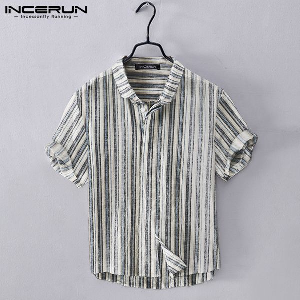 

incerun mens summer striped shirts casual short sleeve lapel camisas vintage loose blusas fashion hombre harajuku blouse s-5xl, White;black